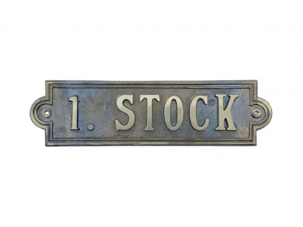Stockwerkstafel "1. STOCK" aus Messingguss